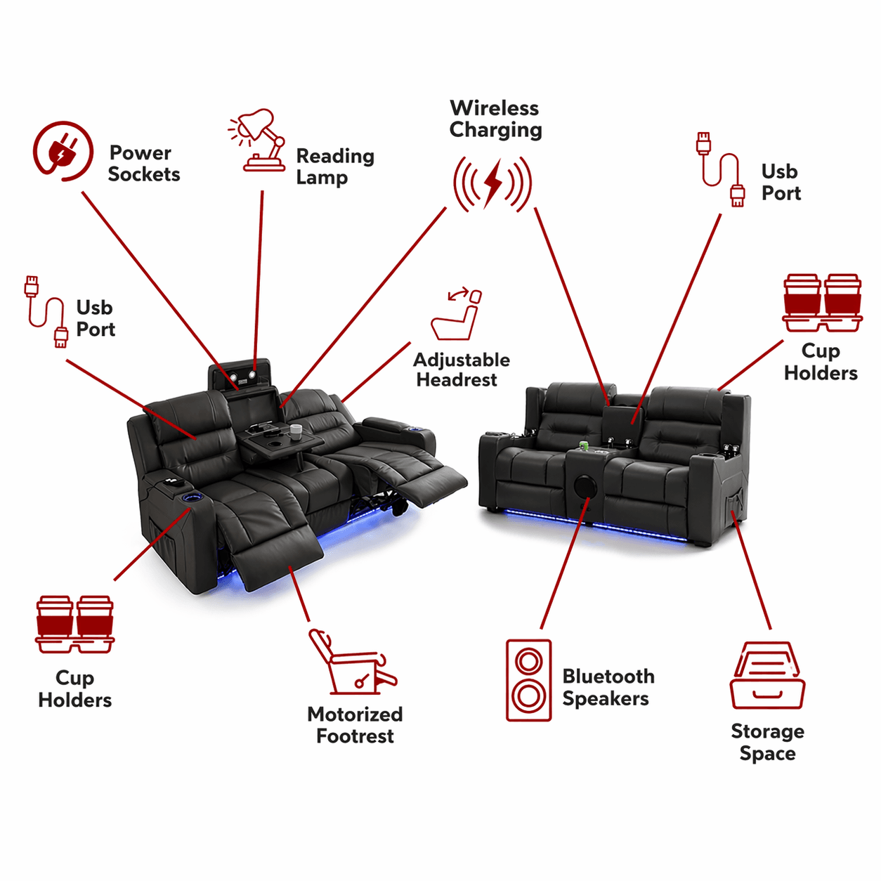 Bolero built-in features — USB ports, wireless charging, cup holders, reading lamp, adjustable headrest, motorized footrest, Bluetooth speakers, storage space