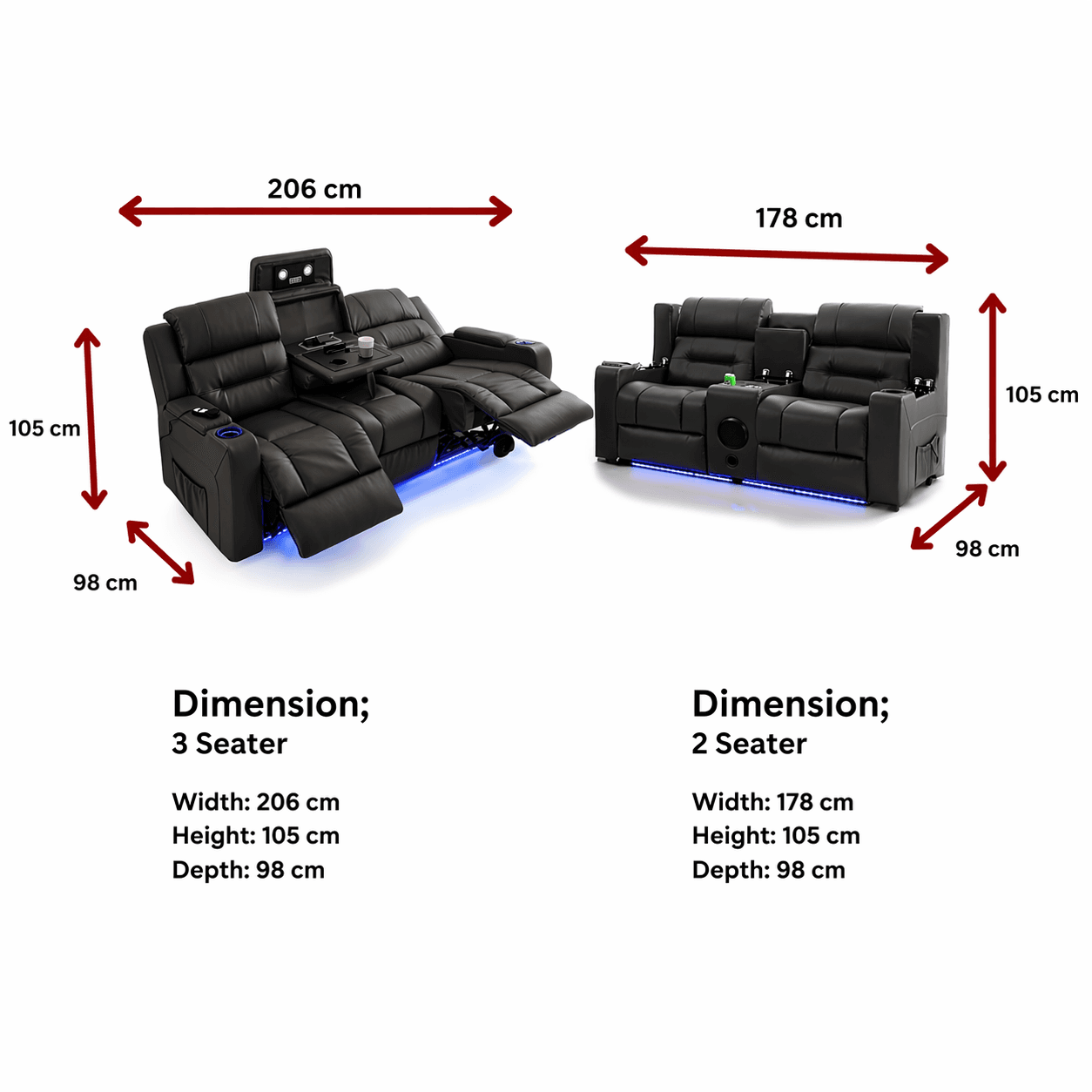 Bolero Leather Recliner dimensions — 3-seater 206cm wide, 2-seater 178cm wide, both 105cm tall and 98cm deep