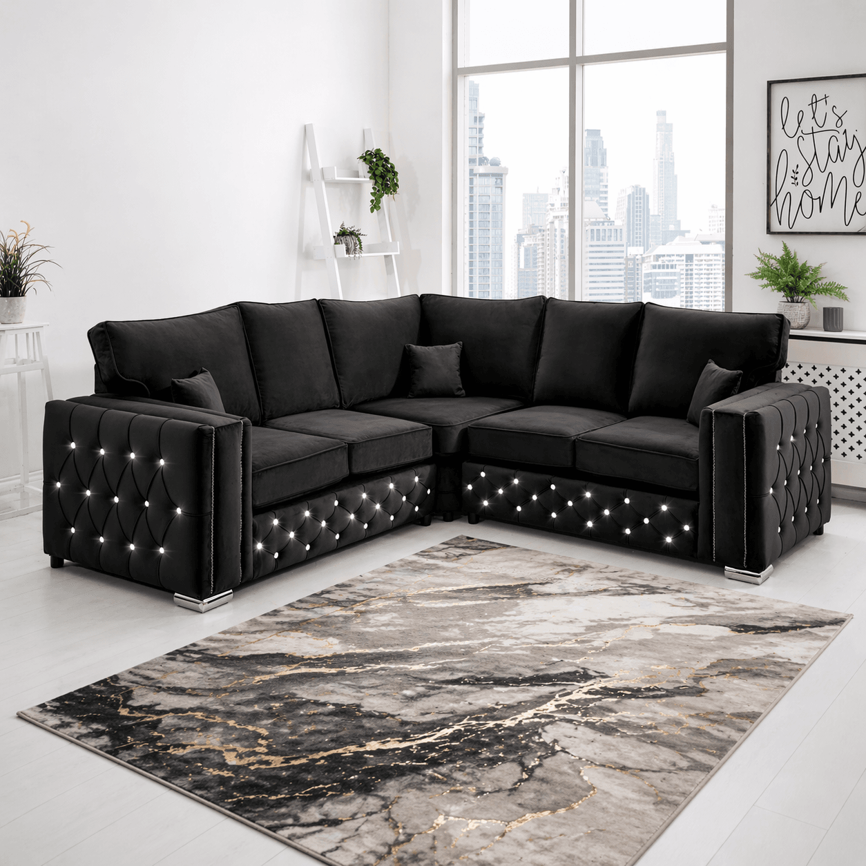 Close-up of sparkling diamanté crystal detail on sofa arms and cushions