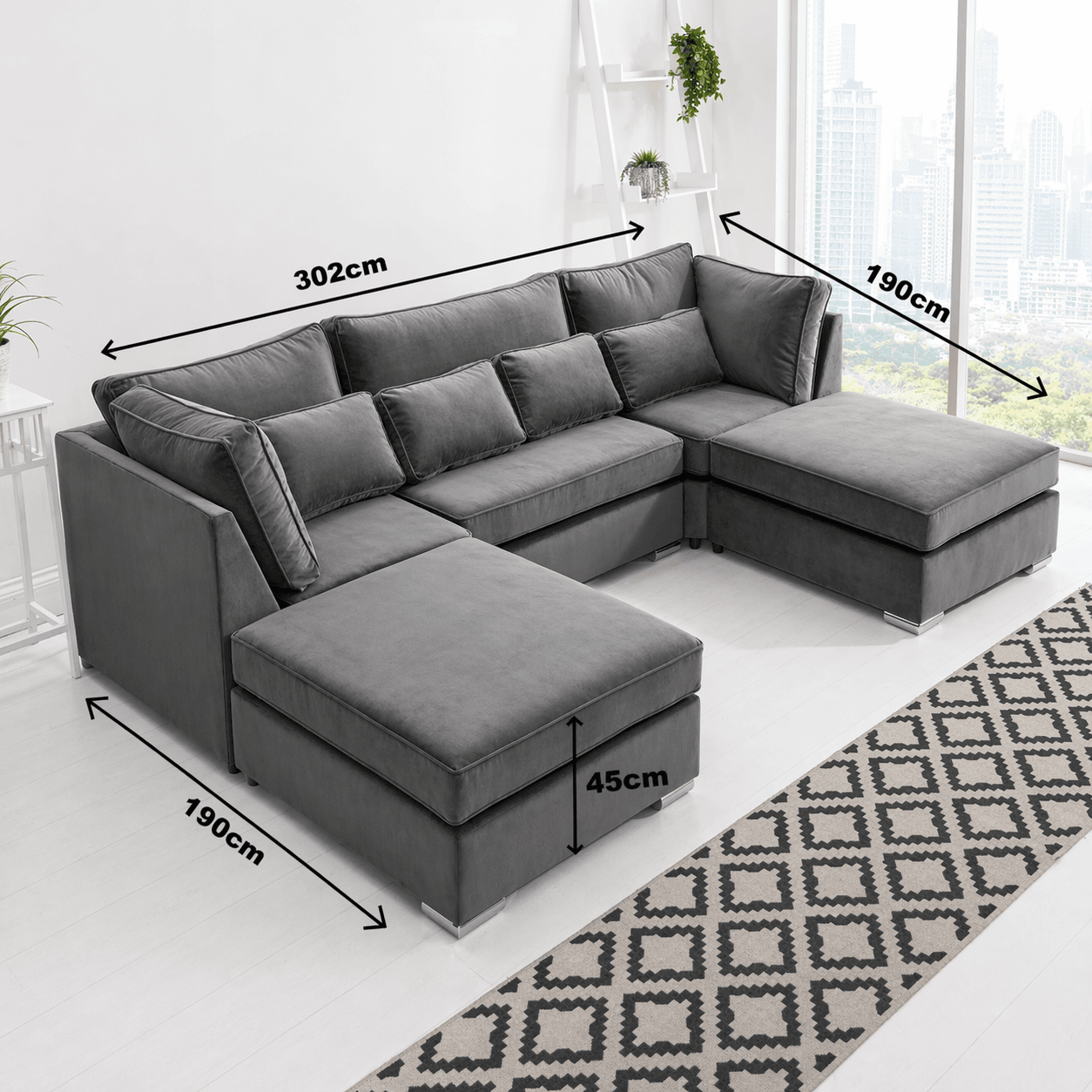 Lux U-Shape dimensions — 302 cm wide, 190 cm deep each side, 45 cm seat height